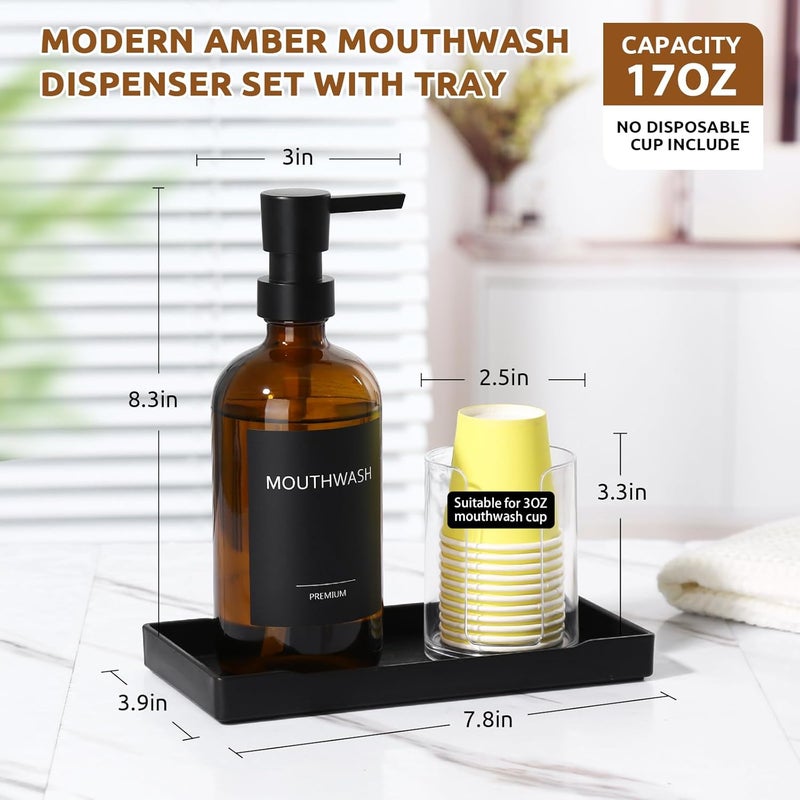 TOLDATLI Mouthwash Dispenser for Bathroom, Glass Mouth Wash Pump Dispenser with Cup Holder, 17 Fl Oz Mouthwash Bottle Decanter with Tray, Refillable Mouthwash Dispenser Container, Stylish (Amber) - Image 3